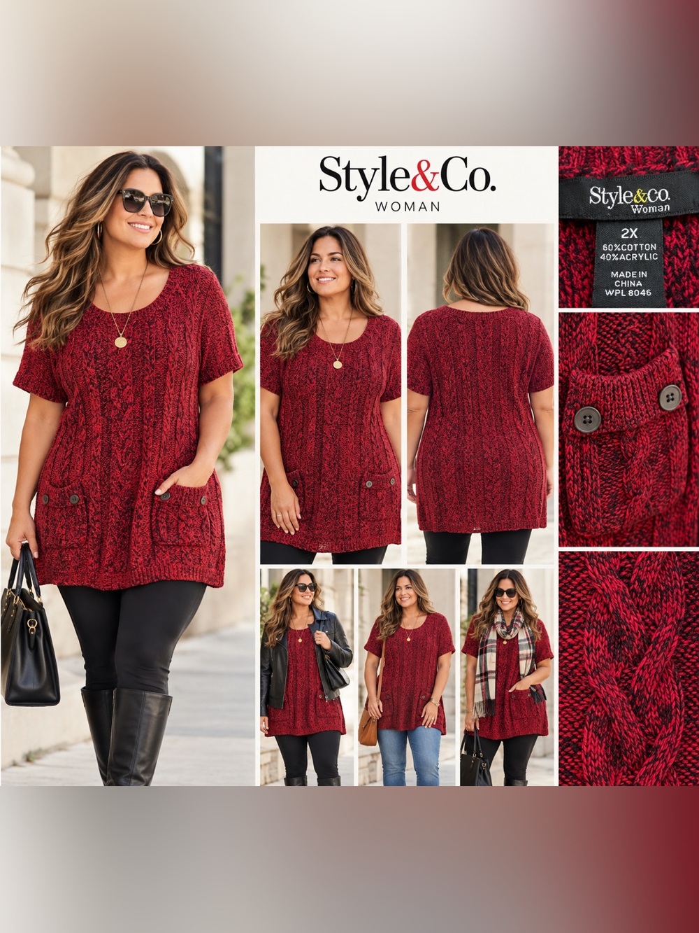 Style & Co Woman 2X Red Black Cable Knit Sweater Tunic Short Sleeve Pocket Dress